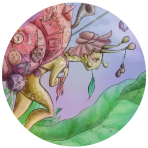 illustration project. Colourful digital painting of travelling snail person