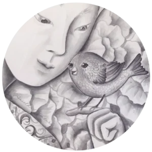 ink on black and white paper emperor holds small nightingale